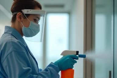 Person in protective gear disinfecting an office