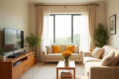 Bright, clean living room with flowers on coffee table