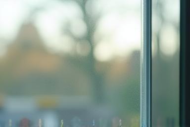 Close up view of a clean window with a blurred background